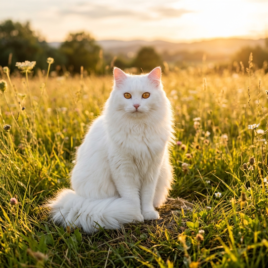 A fluffy white cat sitting elegantly in tall grass during golden hour